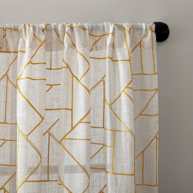 Archaeo Fragmented Geometric Embroidery Mid-Century Modern Natural Linen Blend Curtain, 50" x 95", Gold/Linen - Image 2